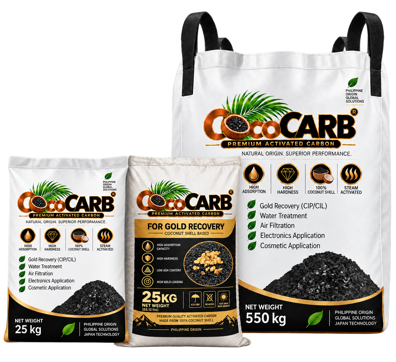 CocoCARB 25 kilogram sack and 550 kilogram bulk bag for industrial activated carbon supply