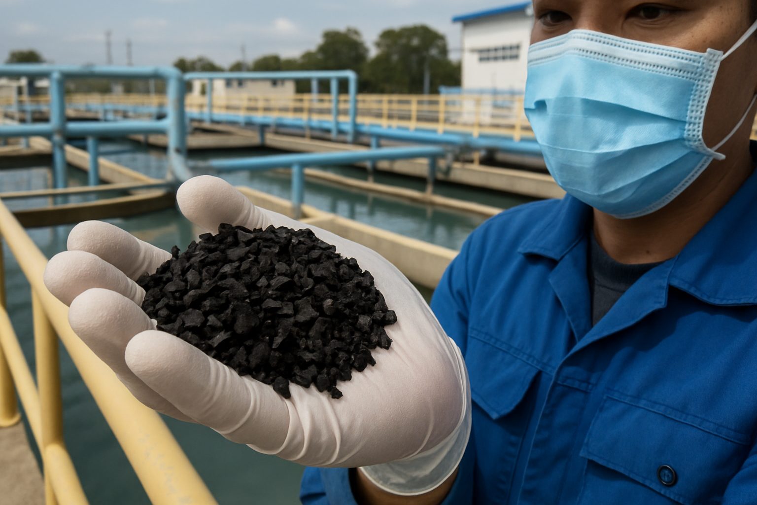 Technician holding coconut-shell activated carbon granules at a Cavite water treatment plant.