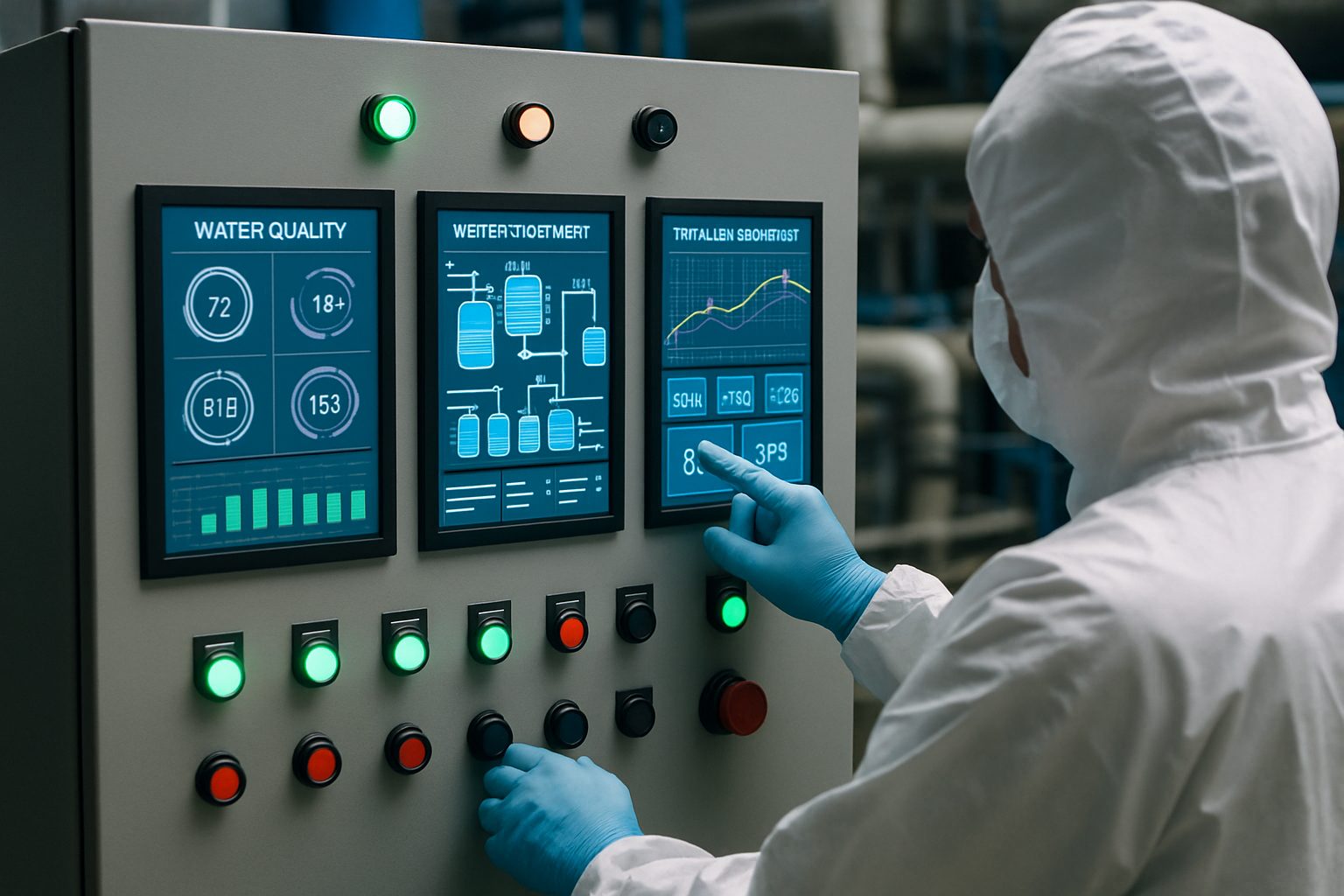 Technician monitoring control panel in water treatment facility amid high water demand.