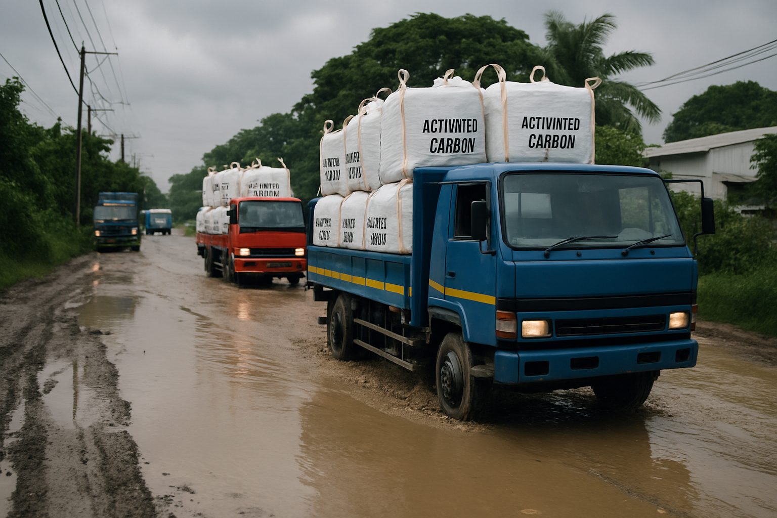 Transport trucks carrying activated carbon on waterlogged roads in Cavite.