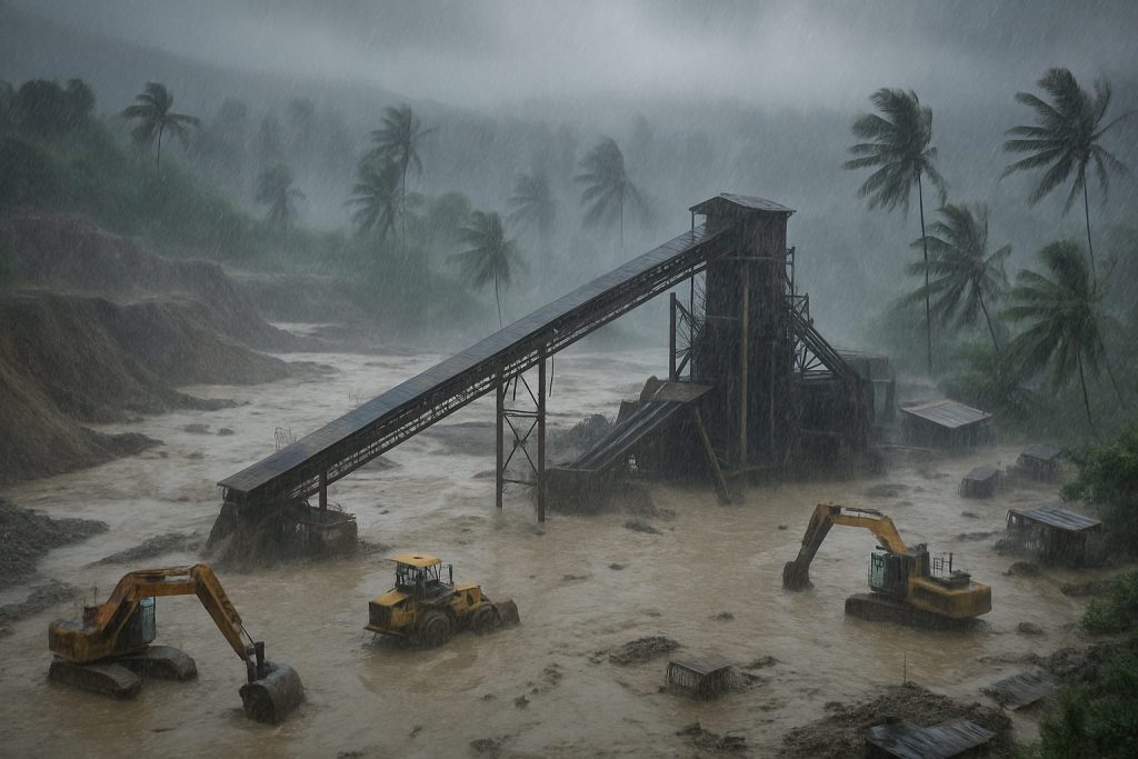 Philippine gold mine affected by typhoon with heavy rain and flooded landscape.