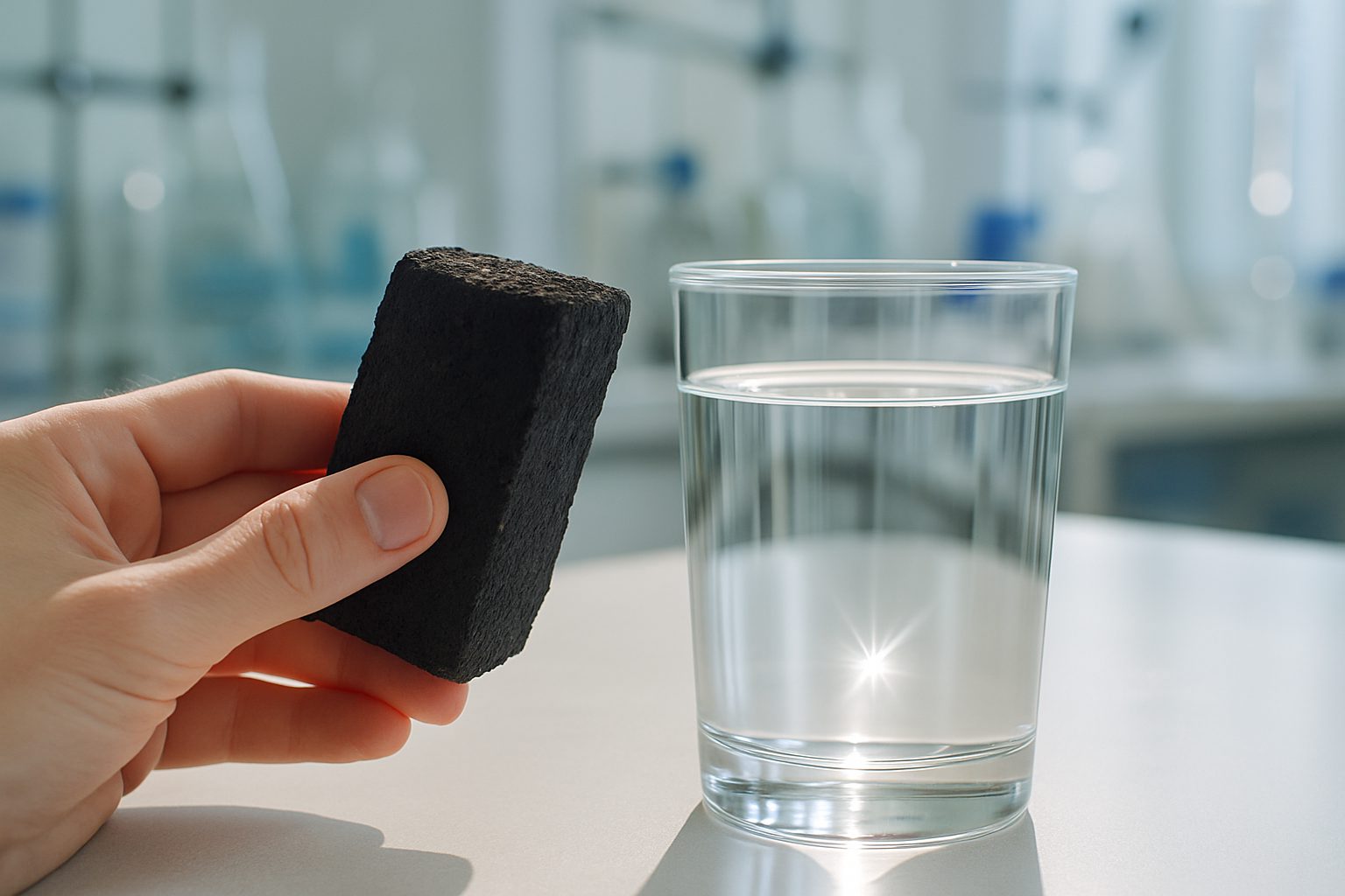 Hand holding activated carbon beside a glass of clean water in a lab.