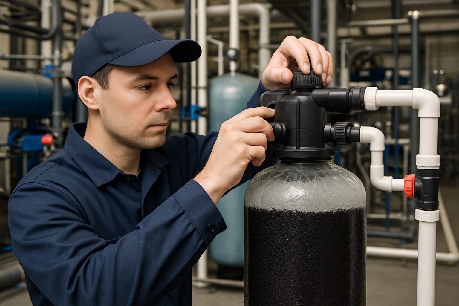 Technician adjusting water treatment equipment with activated carbon column.
