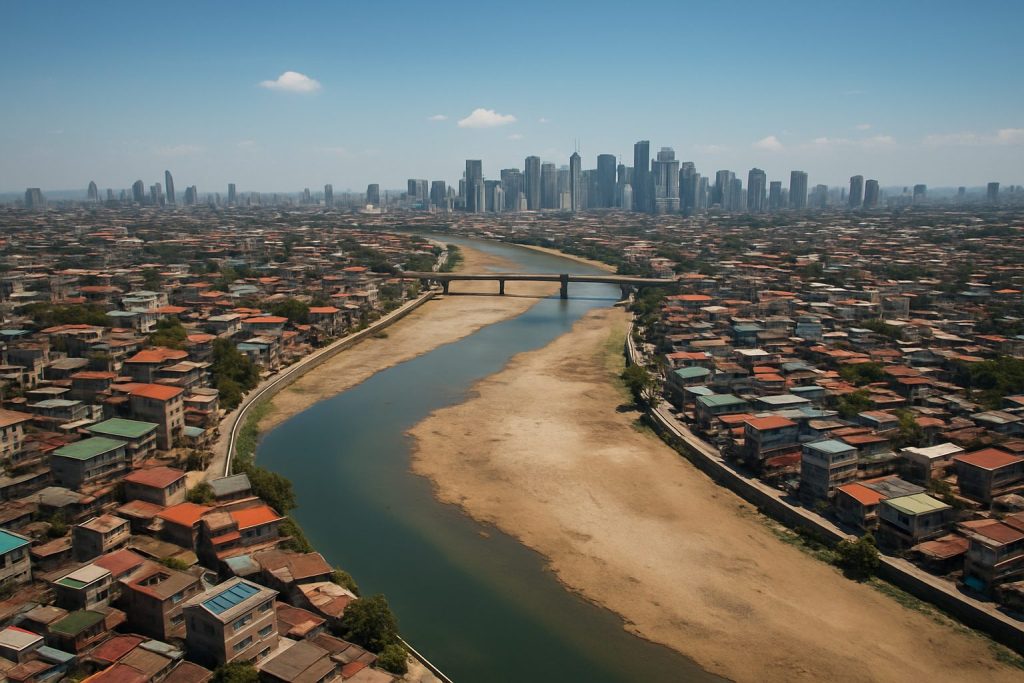 Aerial view of Metro Manila with low river water levels during dry season.