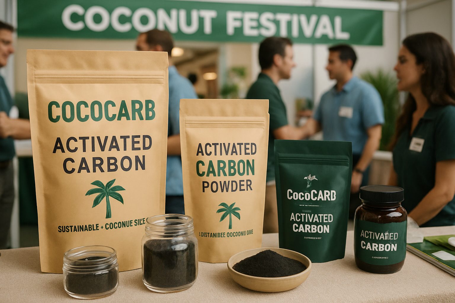 CocoCARB booth at Coconut Festival displaying activated carbon products.